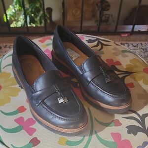 Clarks Black Leather Loafers with Brown Trim